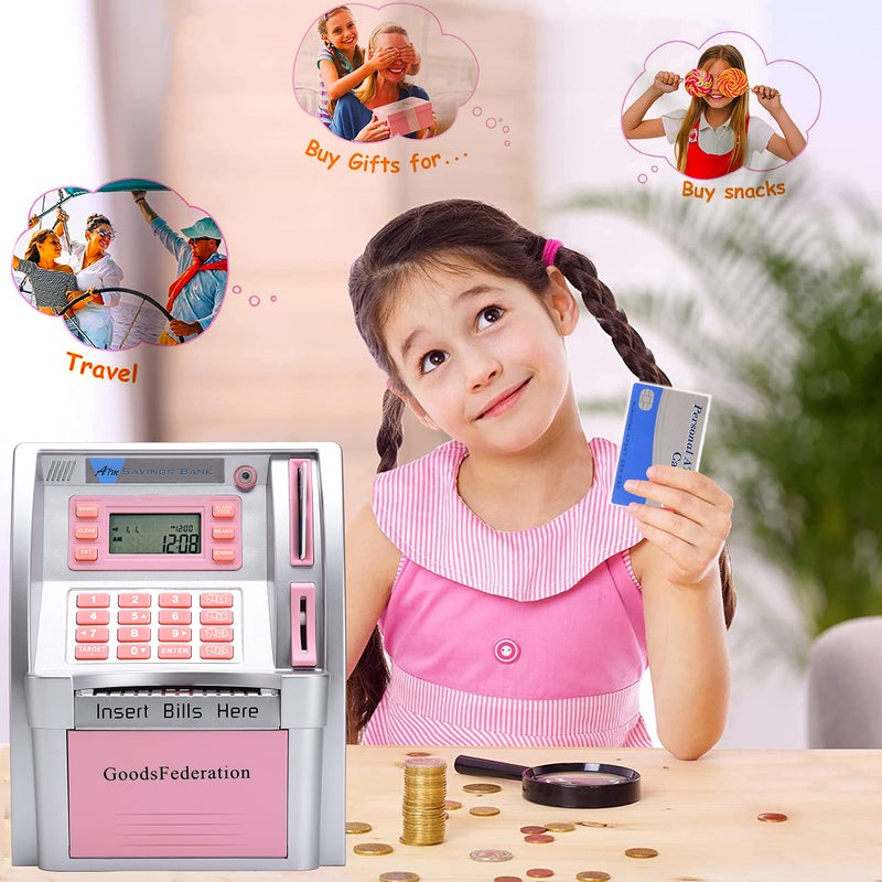 GoodsFederation 2024 Upgraded ATM Piggy Bank for Real Money for Kids Adults with Debit Card,Password Login,Bill Feeder,Coin Recognition,Saving Target,Balance Calculator,Electronic Savings Safe Machine Box (Pink) - Image 4